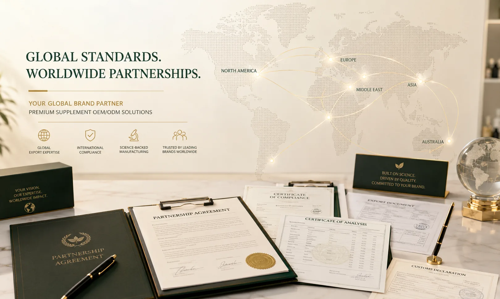 Certification documents, supplement packaging and global logistics visual